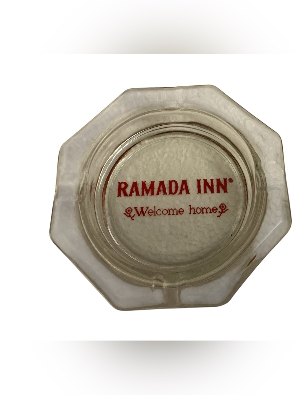Vintage Ramada Inn Welcome Home Glass Octagonal Ashtray Hotel Advertising 4.5”